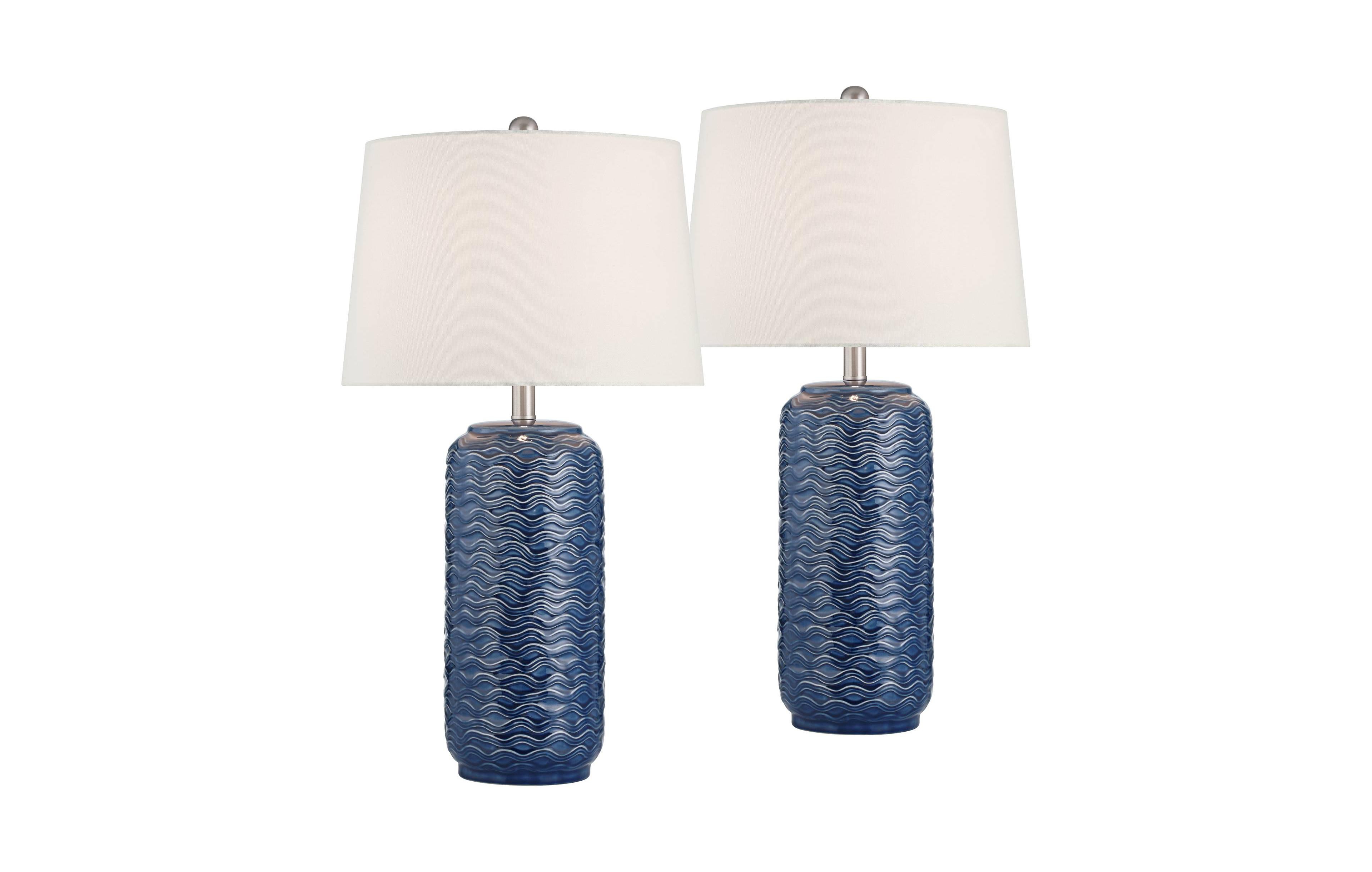 360 Lighting Waves Tall Modern Coastal 3-Way Table Lamps Set of 2 Blue Ceramic White Shade Living Room Bedroom Bedside