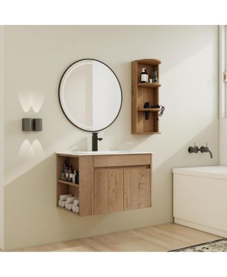 Wall Mounted Bathroom Vanity with Sink, Double Door Soft Close Cabinet and 3-Tier Storage Rack for Modern Bathroom