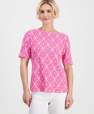 Petite Printed Boat-Neck Elbow-Sleeve Top