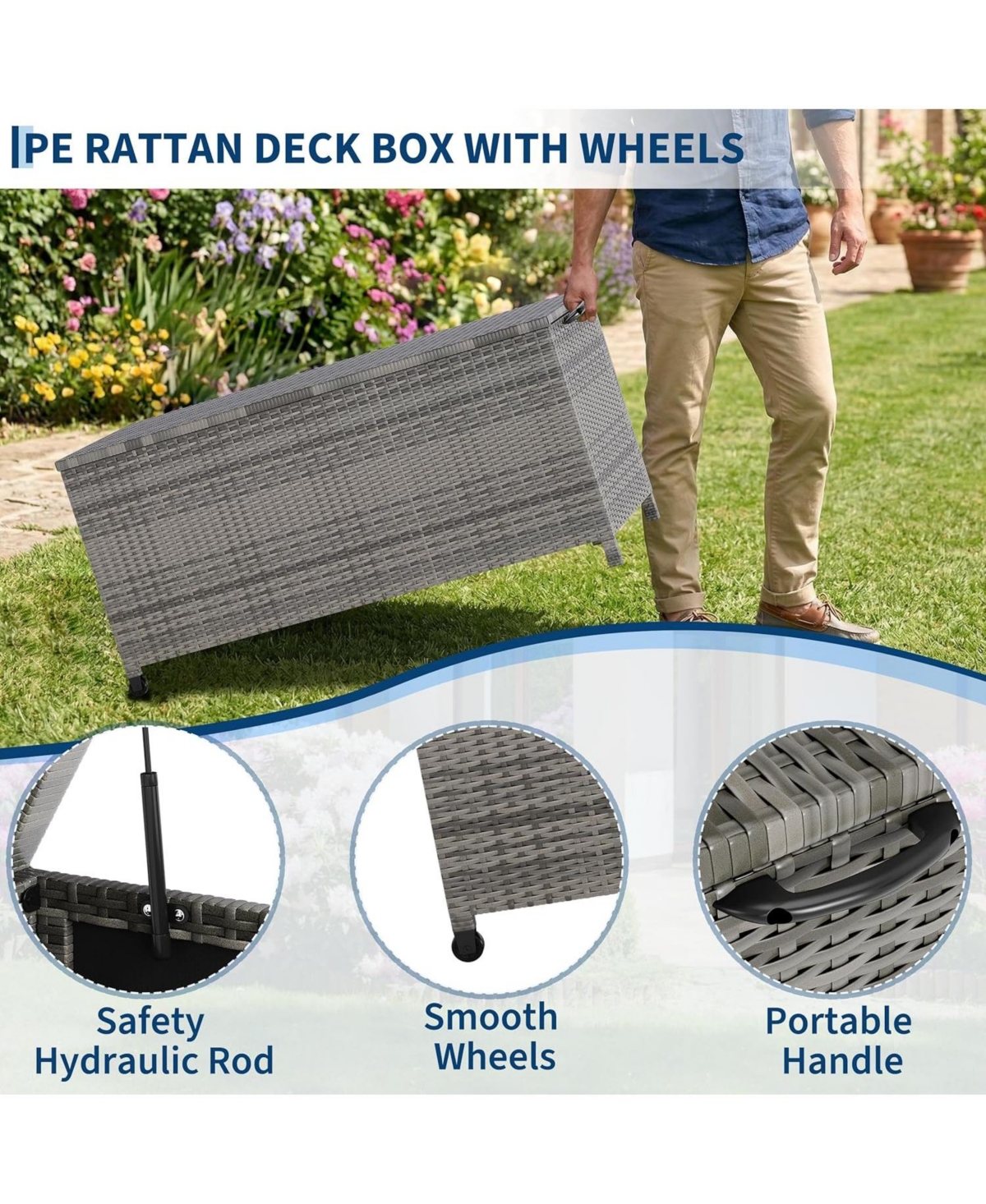 gaomon 125-Gallon Outdoor Deck Box with Wheels and Liner, Wicker