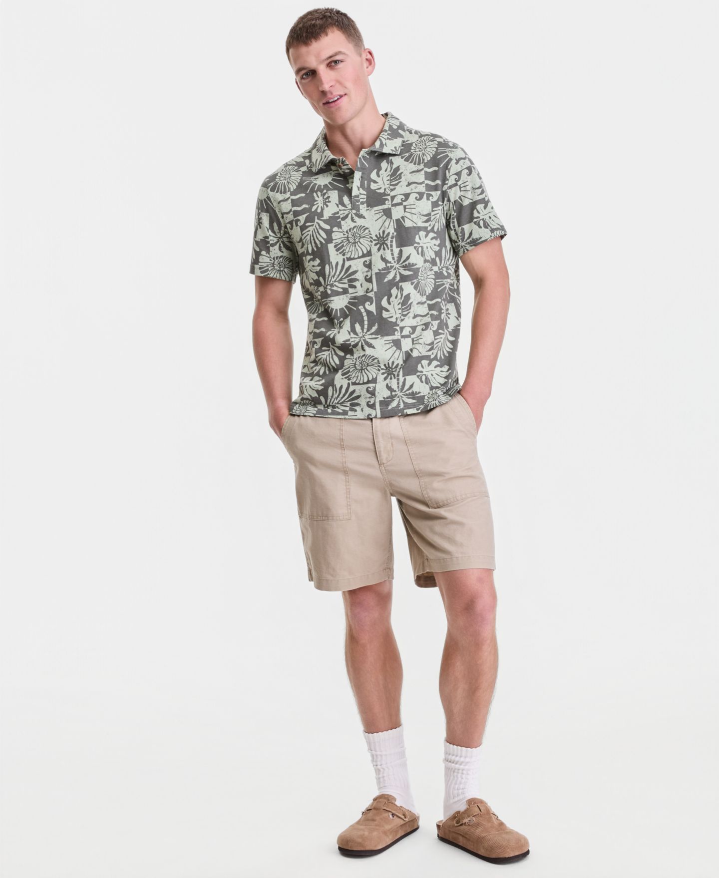 Мужское поло Sun + Stone Cotton Palm-Print Polo Shirt, цвет: Оливковый теневой — фото 2