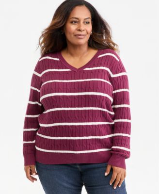 Plus Size Striped Cable-Knit V-Neck Sweater