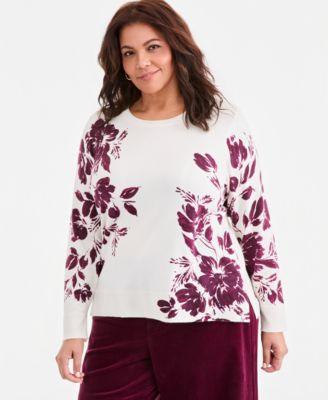 Plus Size Floral Crewneck Long Sleeve Sweater