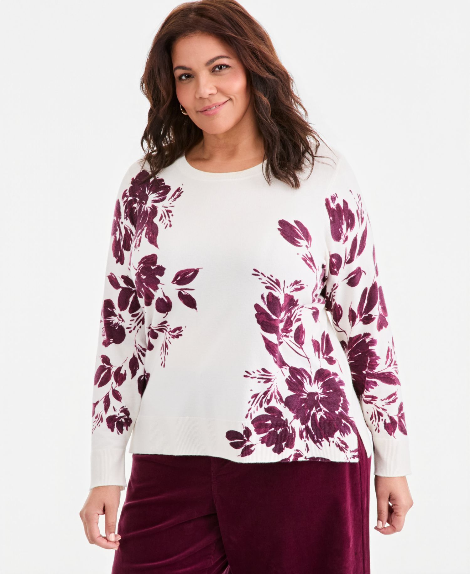 Plus Size Printed Crewneck Long-Sleeve Sweater