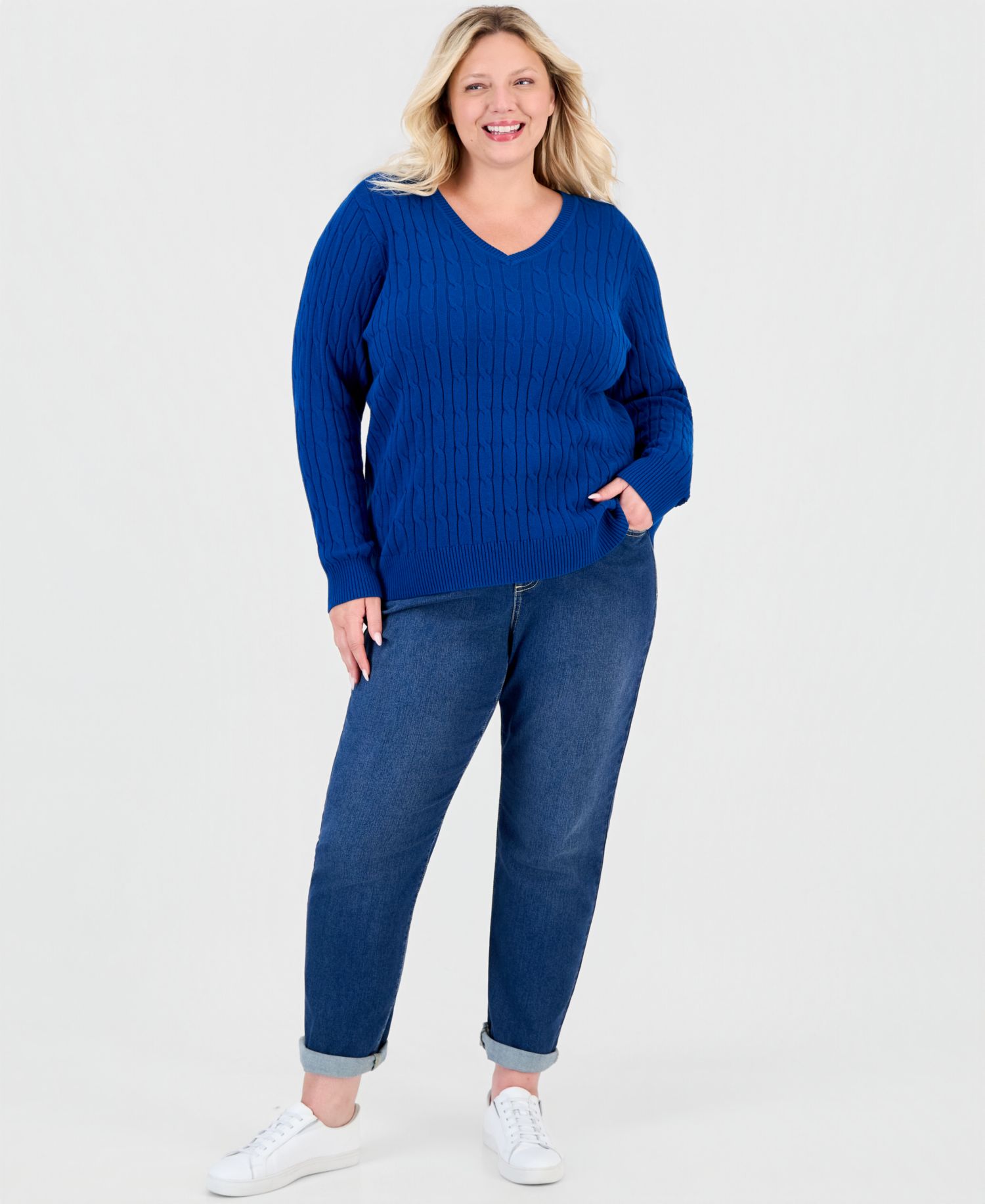 Petite Cotton Cable-Knit V-Neck Sweater