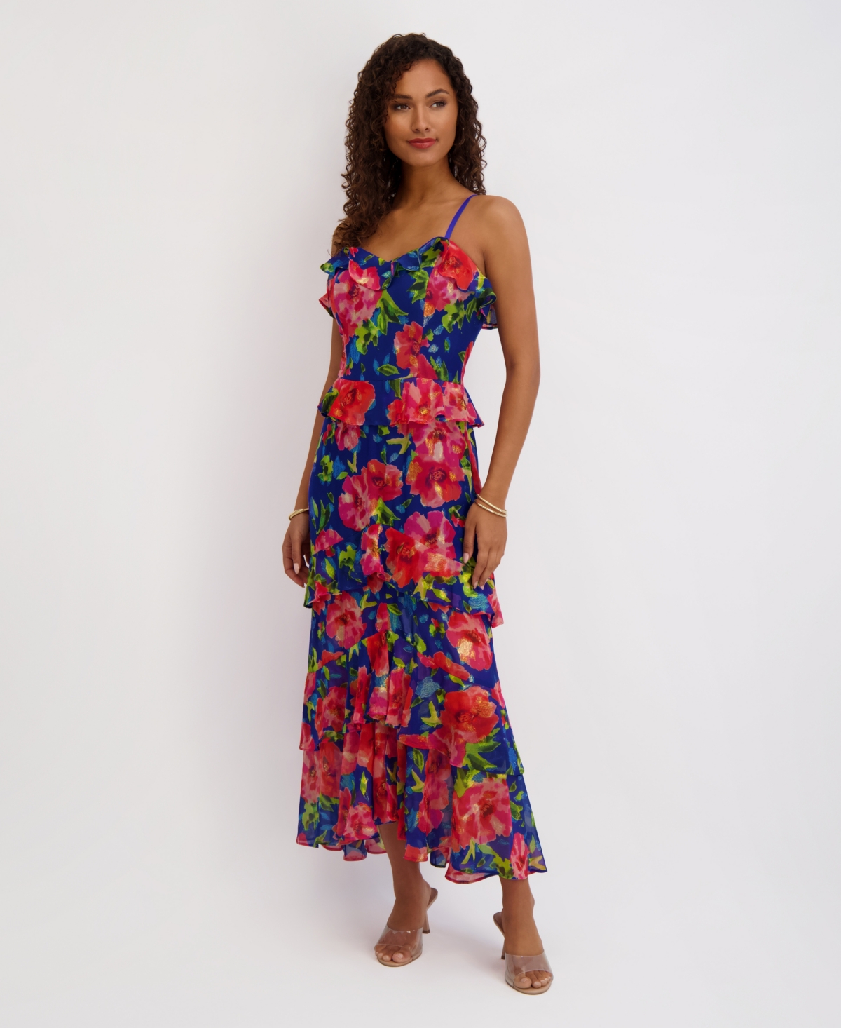 Siena Women's Printed Sweetheart Neck Ruffle Detail Maxi Dress