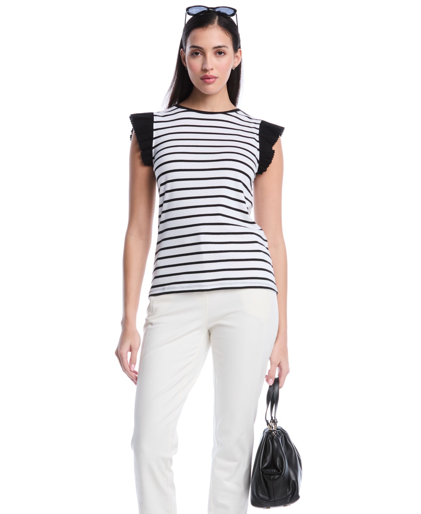 Женский топ Rafaella Petite Striped Ruffle Cap-Sleeve, цвет: Белый — фото 3