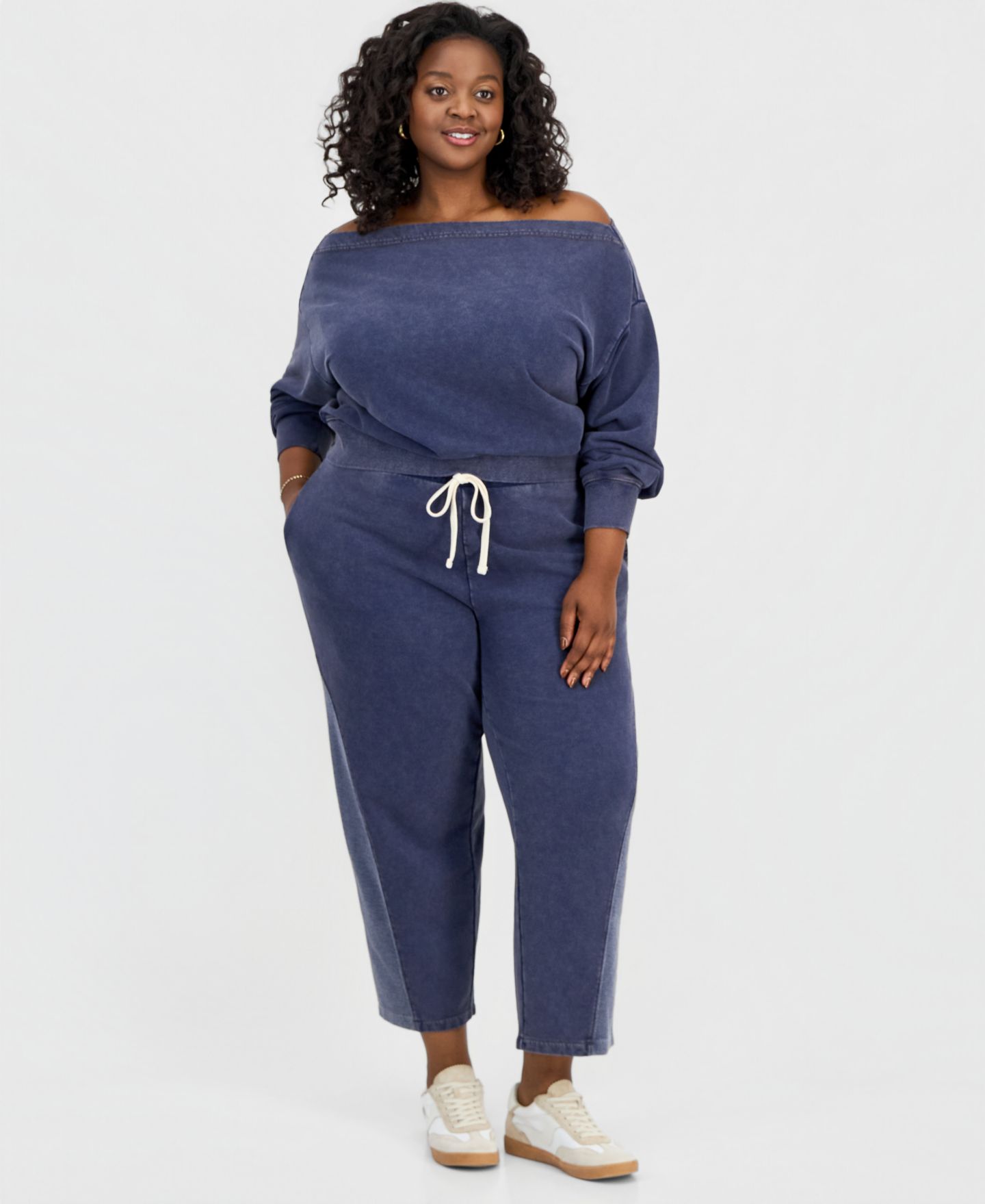 Женская толстовка And Now This Trendy Plus Size French Terry Off-The-Shoulder, цвет: Индиго — фото 2