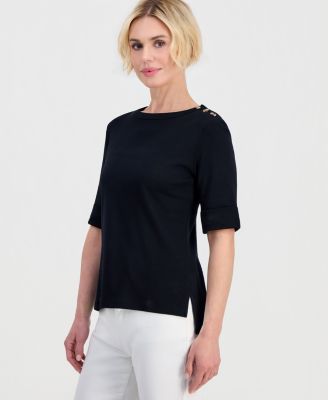 Petite Cotton Asymmetric-Button Boat-Neck Top