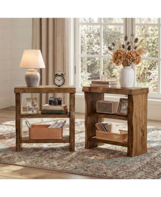 3-Tier Solid Wood End Table Set of 2, Narrow Side Table with Live-Edge, Farmhouse Bedside Table