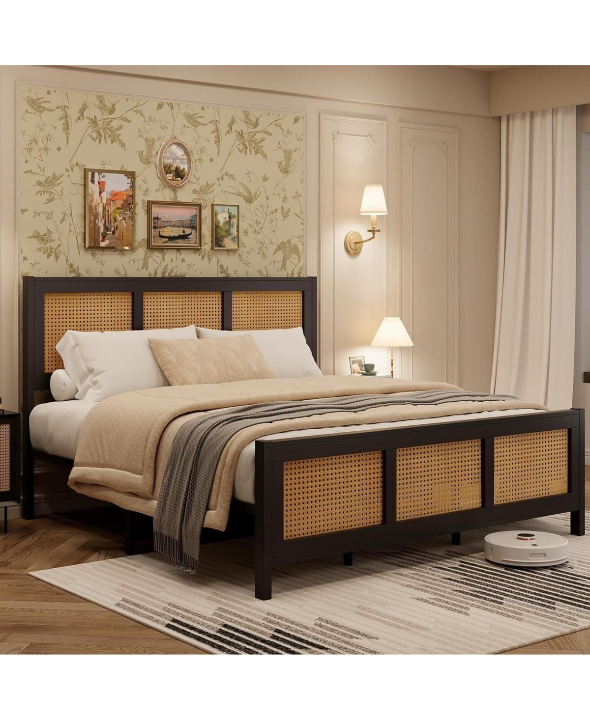 homfan Rattan Bed Frame with Sturdy Metal Slats, Noise-Free, No Box Spring