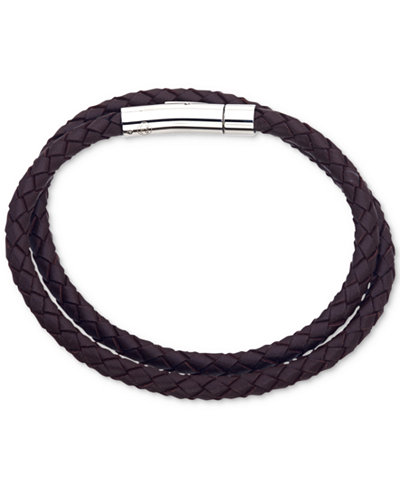 Esquire Men's Jewelry Brown Leather Wrap Bracelet in Stainless Steel, Only at Macy's