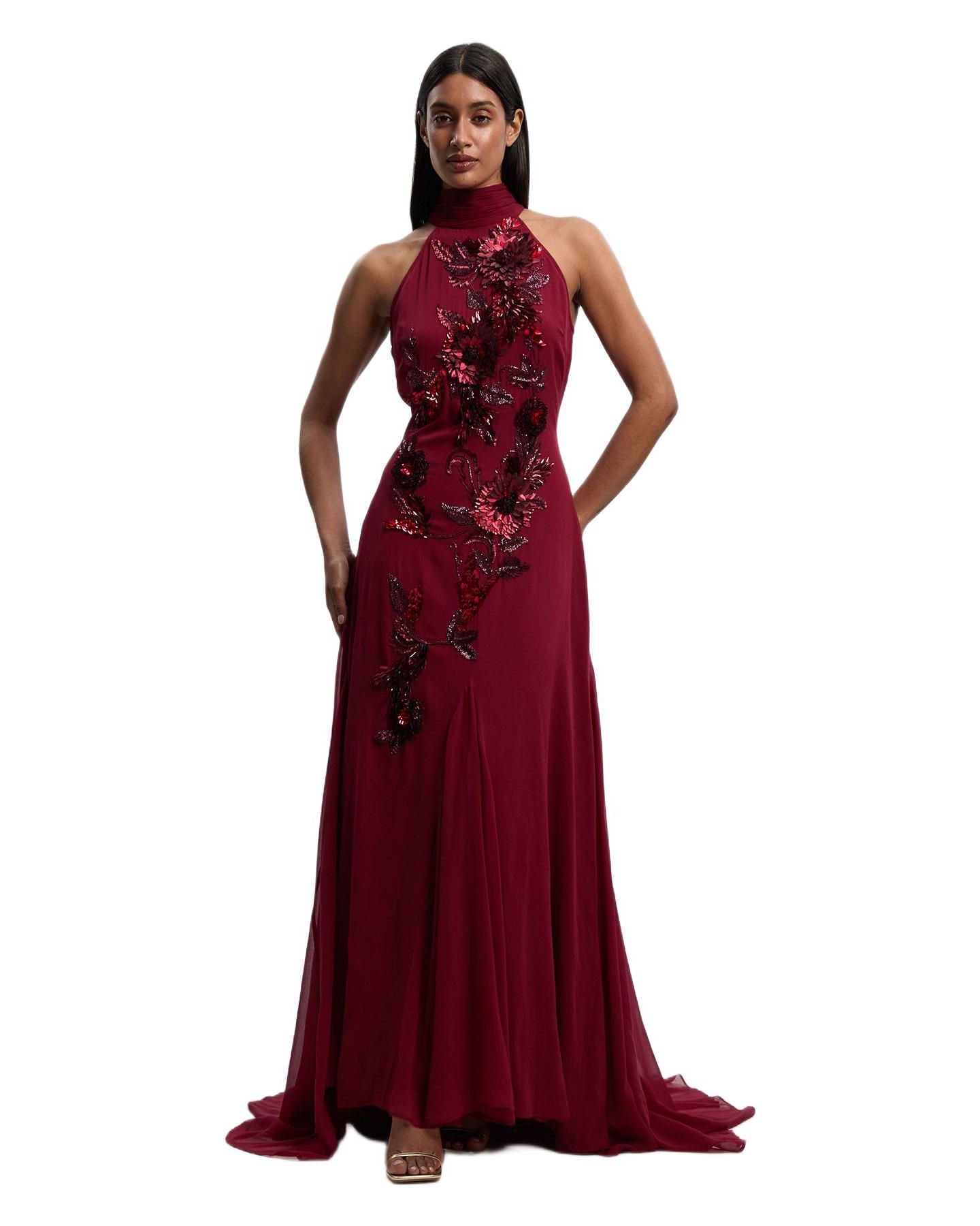 Женское платье Karen Millen Feather Embellished Halter Maxi, цвет: Винный — фото 1