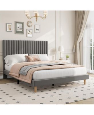 Bed Frame, Adjustable Height Headboard, Velvet Upholstered Platform Bed Frame, No Box Spring Needed, Easy Assembly