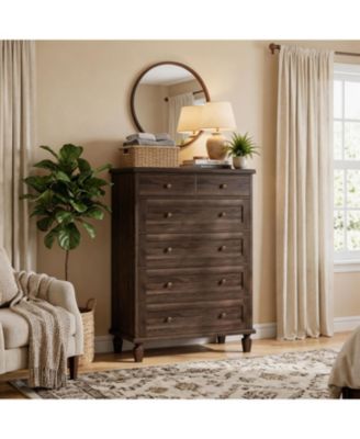 47" Tall 6 Drawer Dresser, Vintage Wooden Chest, Carved Handles and Tapered Legs, Large Storage for Bedroom, Living Room, Entryway