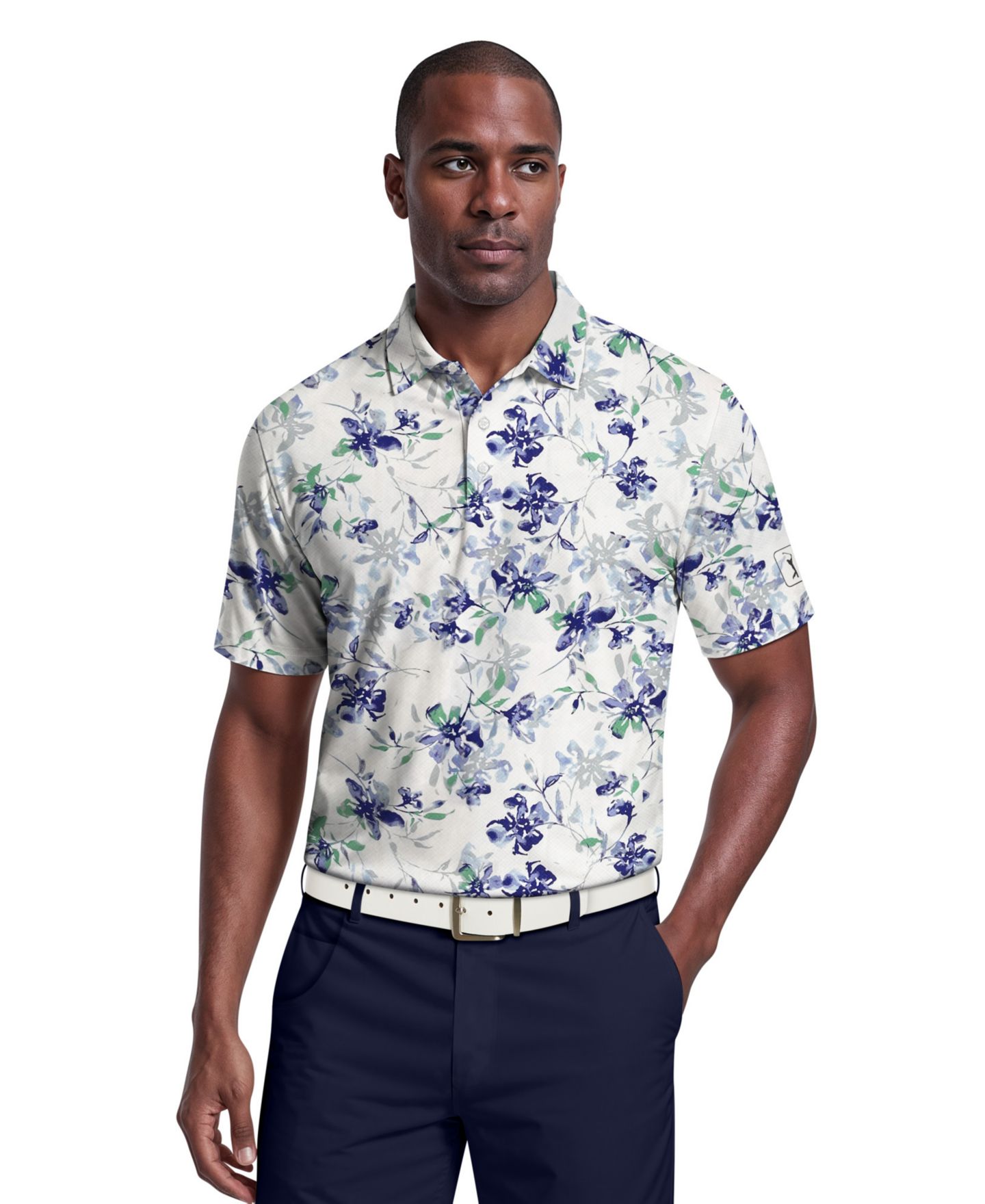 Мужское поло PGA TOUR Tie Dye Floral Print Golf Polo Shirt, цвет: Белый / Жемчужный синий комбинированный — фото 1