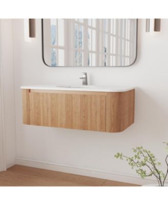 42 Inch Wall Mounted Bathroom Vanity with Carrara Artificial Marble Countertop Ceramic Sink Curved Stripe Design Pre Assembled