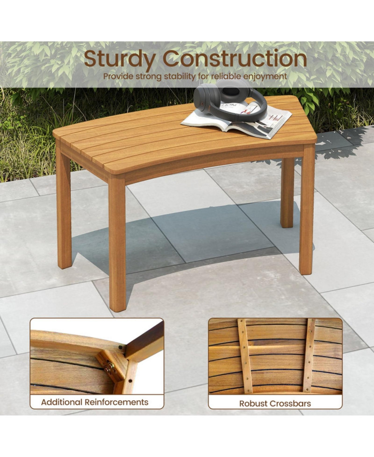Gouun Outdoor Curved Acacia Wood Backless Bench Set of 2 for Front Porch and Fire Pit