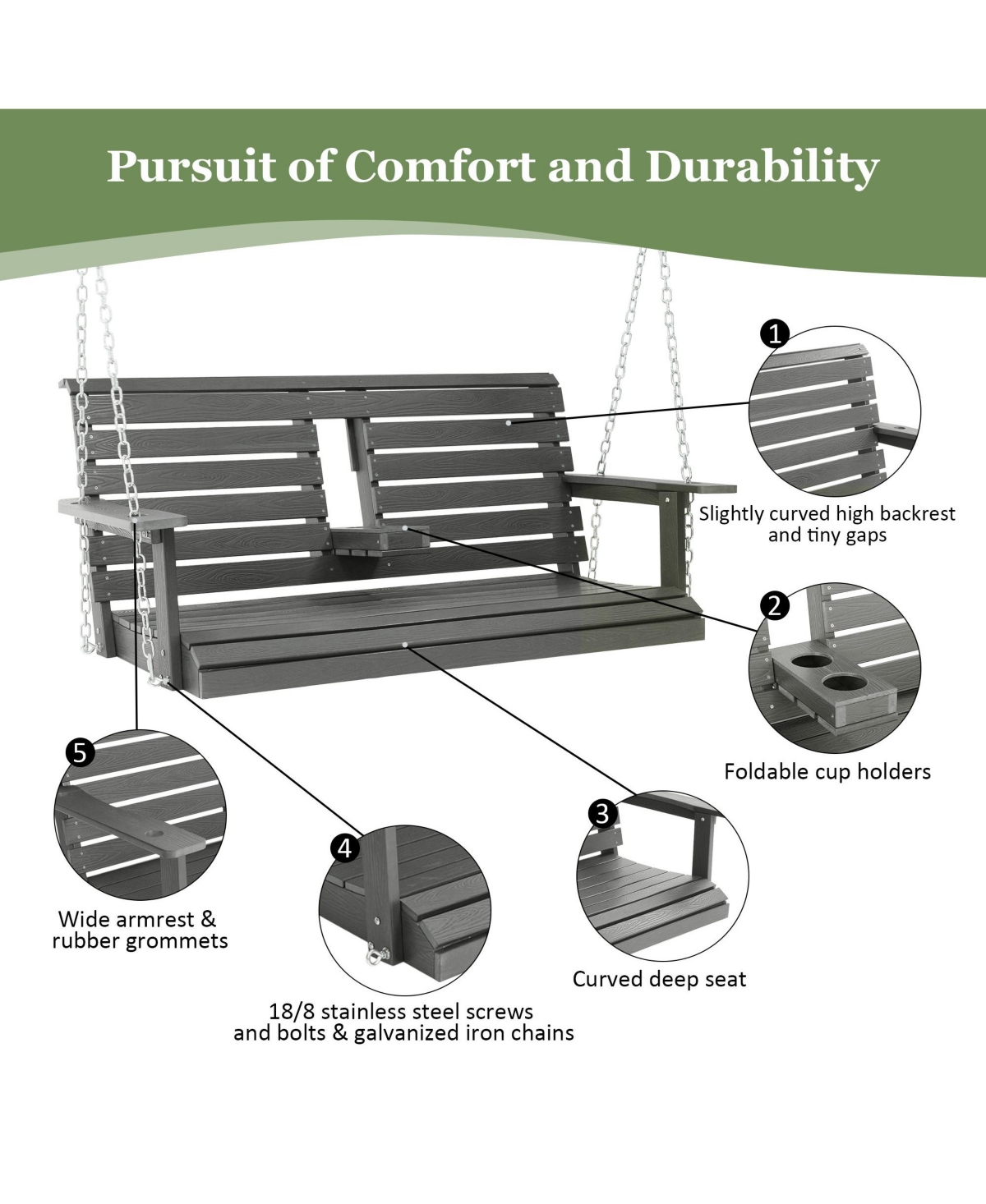 Mega Casa 2-Seat Poly Lumber Hips Porch Swing with Foldable Cup Holders and Curved Deep Seat for Outdoor Garden