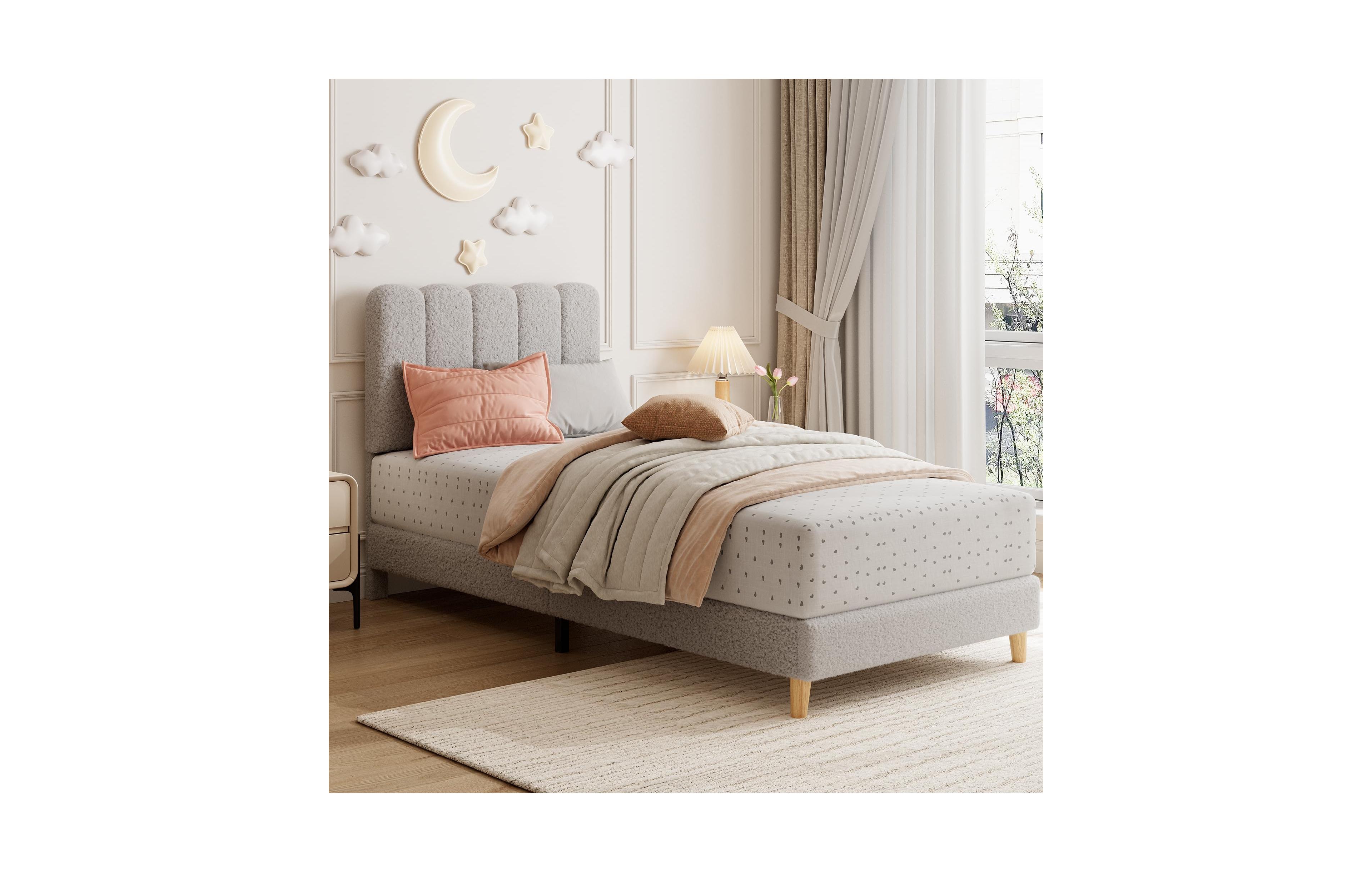 Homfan Modern Princess Style Twin Platform Bed Frame for Girls, Upholstered Soft Headboard, Sturdy Wooden Slats, No Box Spring Needed, Easy Assembly