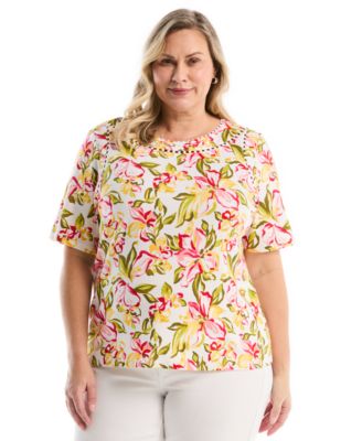 Plus Size Petal Print Pom Trim Detail Short-Sleeve Top