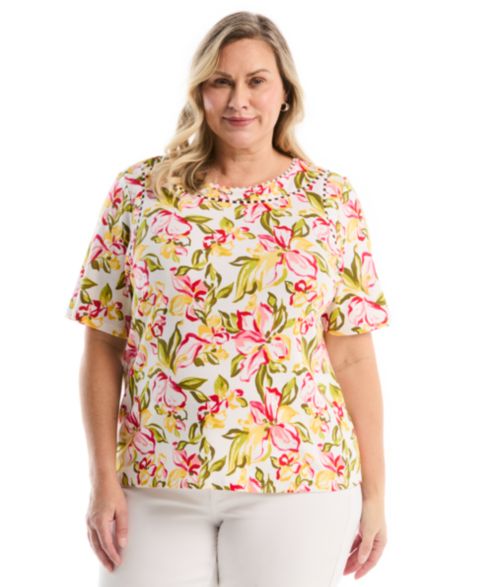 Женский топ Rafaella Plus Size Petal Print Pom Trim Detail Short-Sleeve, цвет: Белый