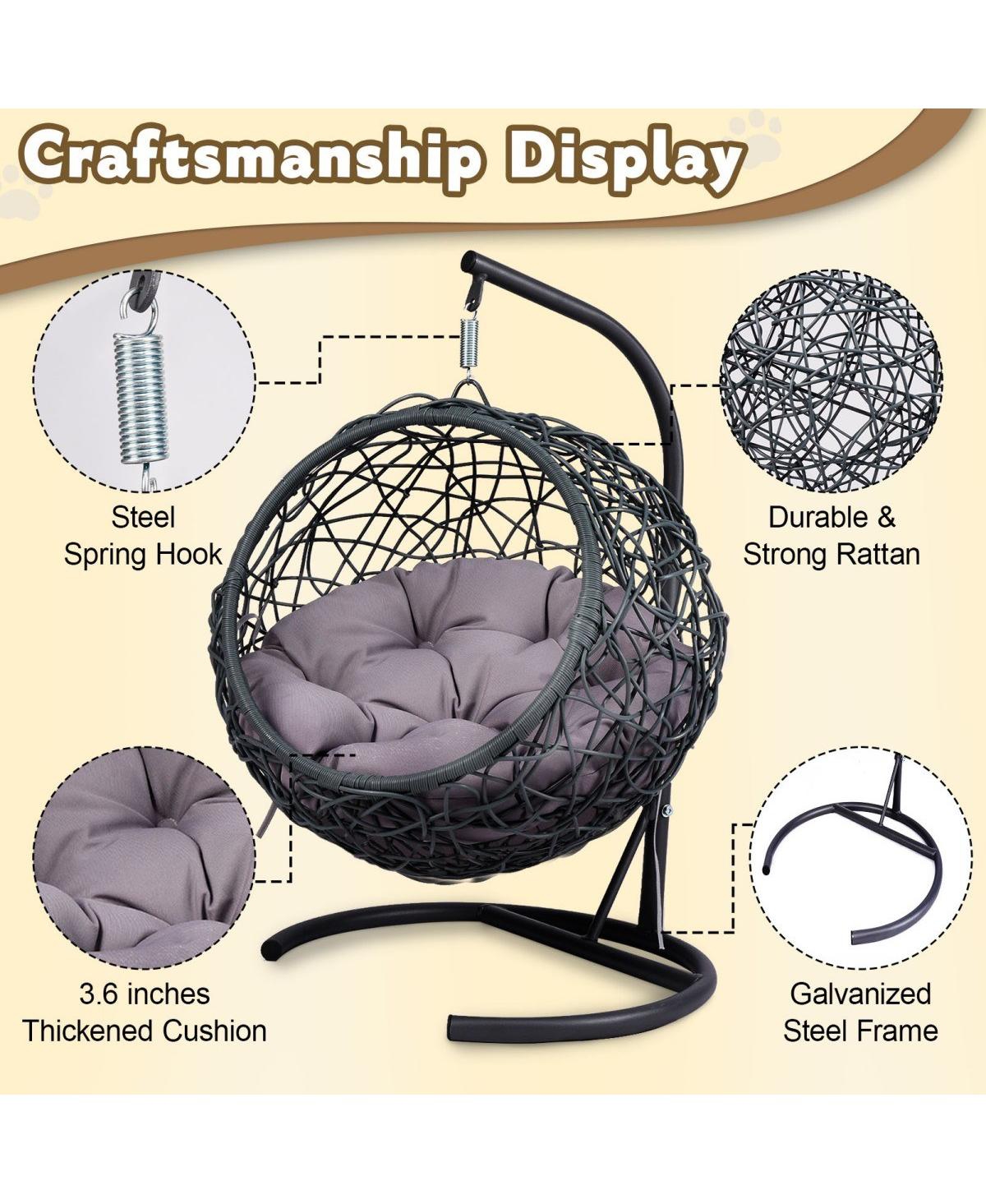 6thdruple Indoor Cat House Swing Bed, Gray Rattan Egg Chair with Cushion, for Cats and Small Pets