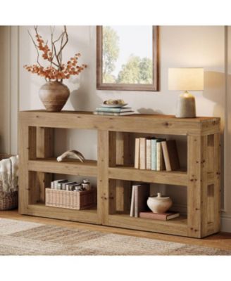 Solid Wood Console Table with Storage, 63" Entryway Table with 4 Cubes, Farmhouse 3-Tier Console