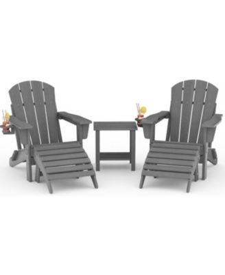 Folding Adirondack Chair Set of 5, All-Weather HDPE Outdoor Chair, Wooden Textured with Cup Holder for patios, Decks, Gardens, fire pits
