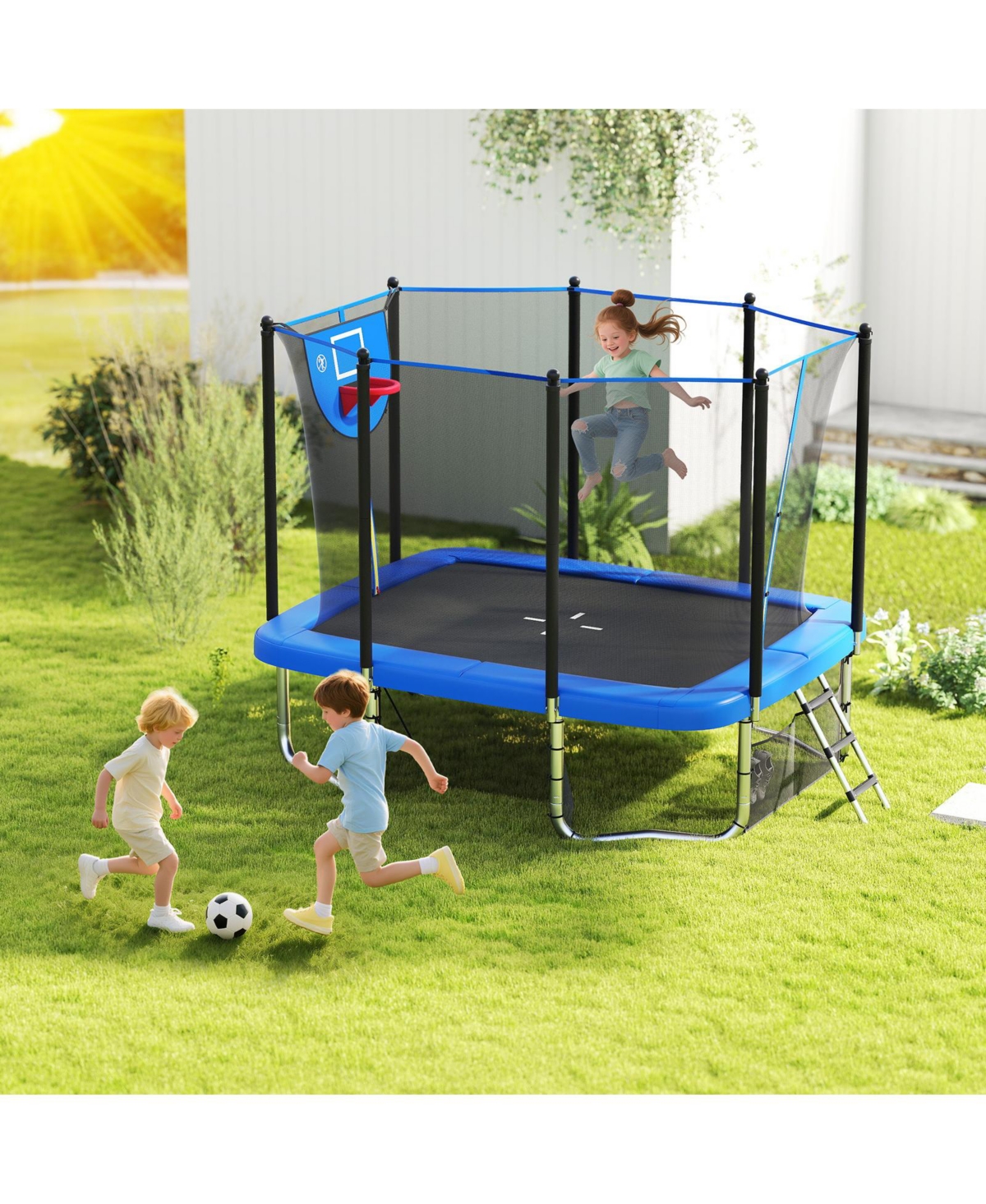 Slickblue 10x8 Ft Rectangle Outdoor Trampoline with Basketball Hoop