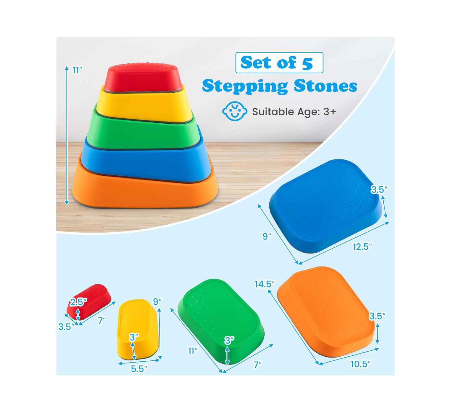 Детские конструкторы Slickblue 5 Piece Kids Stepping Stone Set, Non-Slip River Stones for Balance and Play-Multicolor, цвет: Разноцветный — фото 3