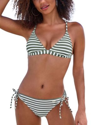 Olive Stripe Cross Back Triangle Bikini Top and Bottom