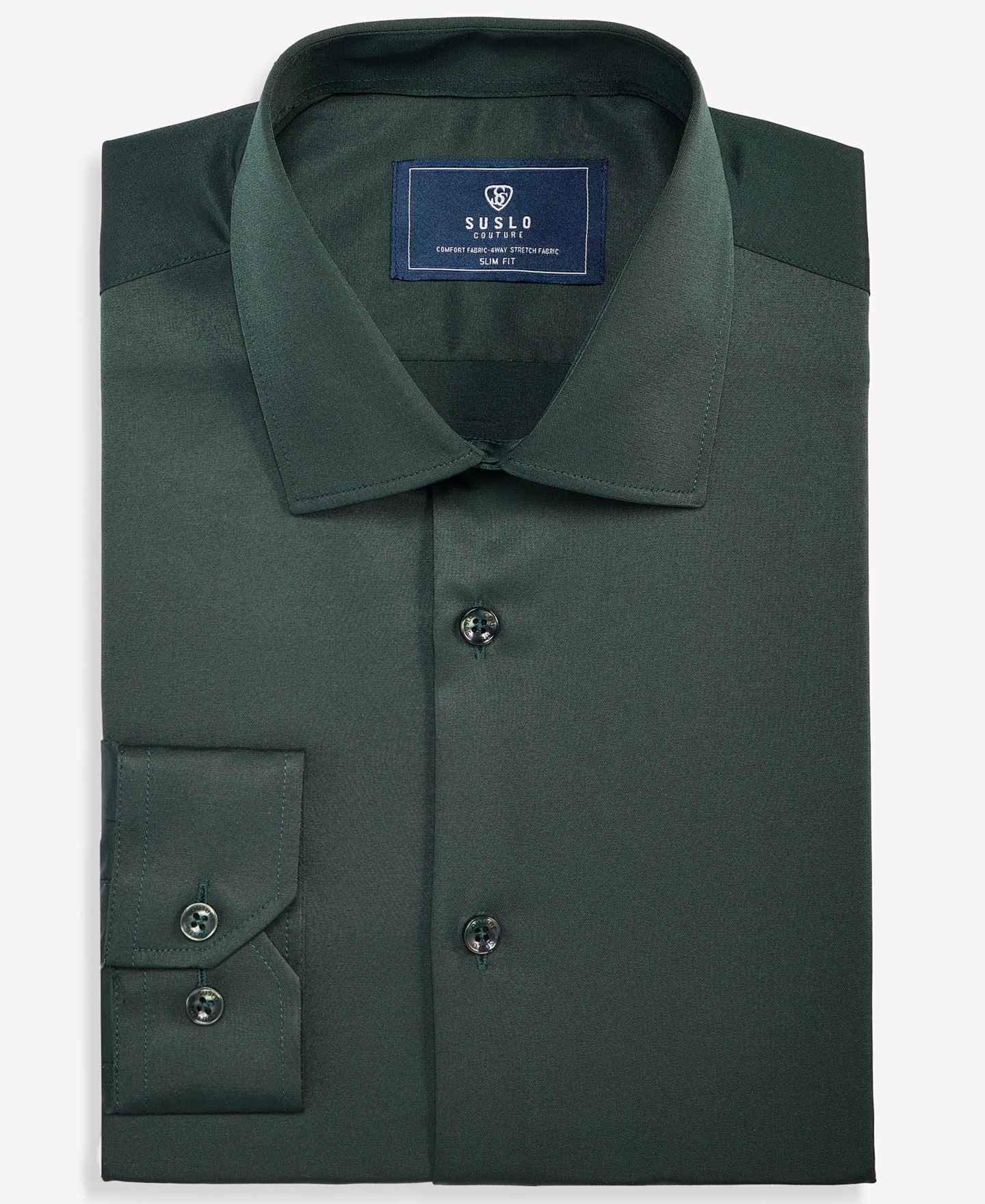 Мужская рубашка Suslo Couture Slim-Fit Solid Four-Way Stretch Dress Shirt, цвет: Тёмно-зелёный — фото 4