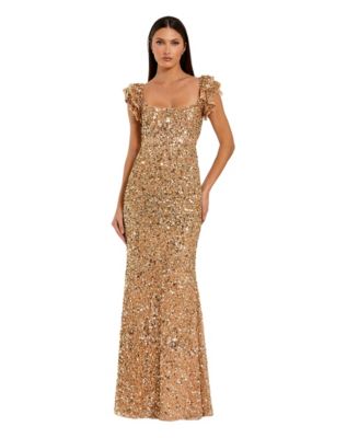 Women's Sequin Mesh Ruffle Sleeve Trumpet Evening Gown