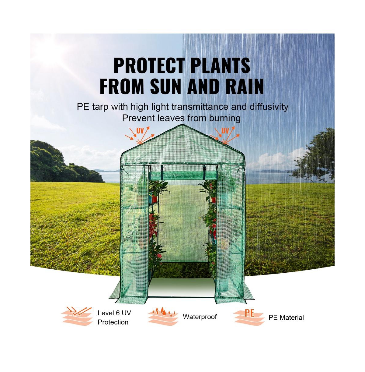 Sugift 4.6 x 4.6 x 6.6 ft Walk In Greenhouse with Shelves Pe Cover Steel Frame Zippered Door