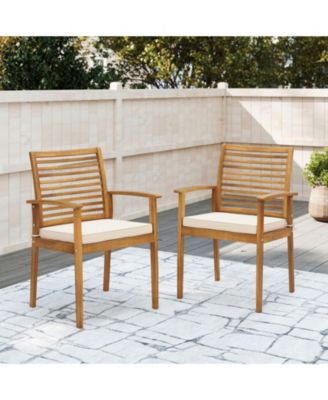 Set of 2 Acacia Wood Outdoor Patio Dining Chairs with Slatted Backrest and Padded Cushions