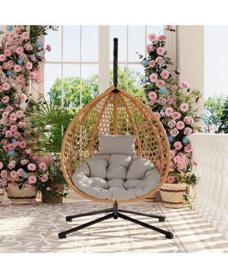 Egg Hanging Chair, Foldable PE Rattan Hammock Swing Chair with Soft Removable Cushion, 330 lbs Capacity for Balcony and Garden