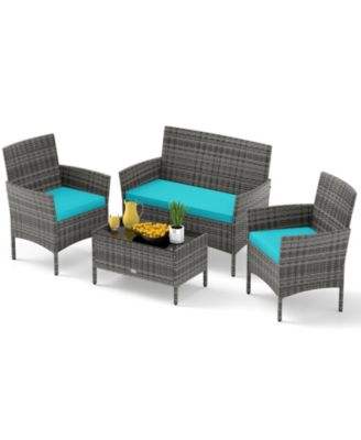 Set Of 4 Patio Furniture Set w/Washable Cushions and Tempered Glass Coffee Table