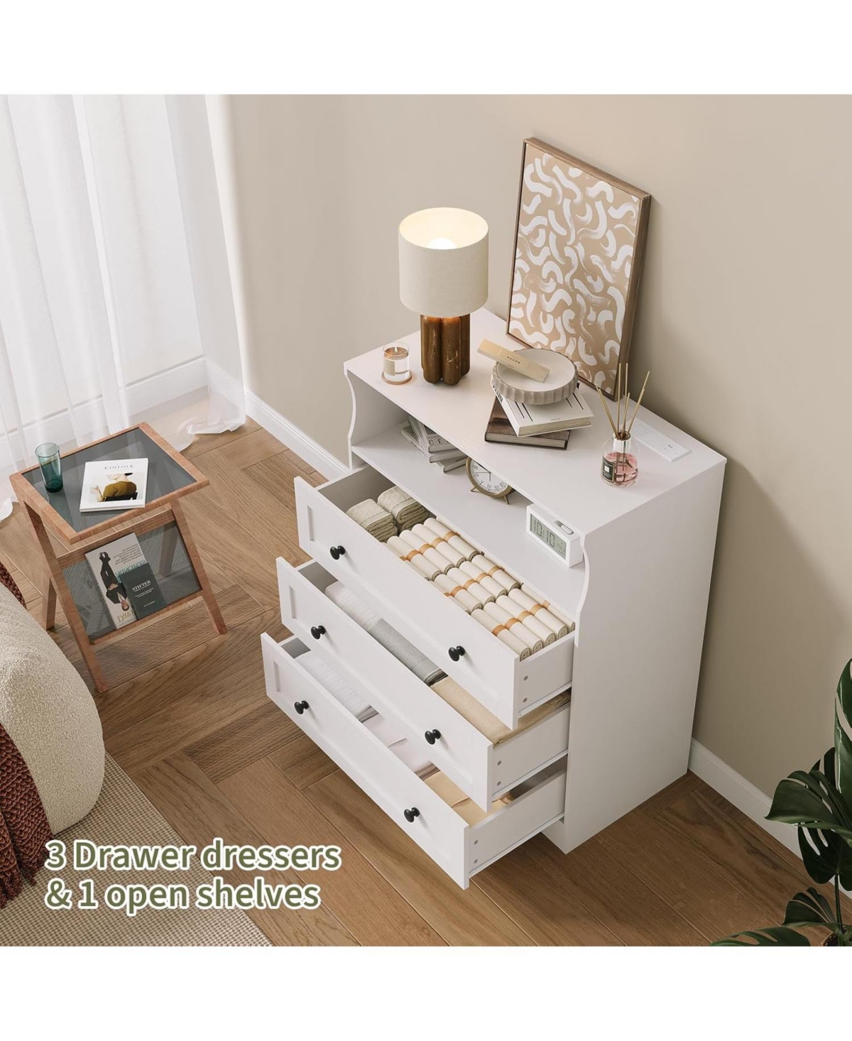 gaomon 3 Drawer Tall Dresser for Bedroom with Led Lights, Wood Dresser with Charging Station for Closet, Wooden Nightstand for Bedside