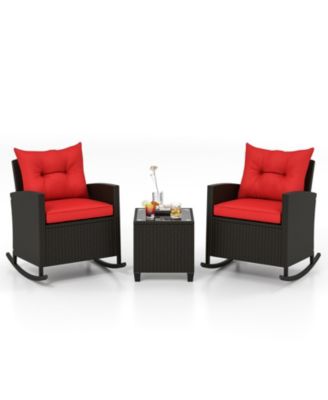 Set of 3 Wicker Rocking Set w/ Tempered Glass Table Patio Outdoor