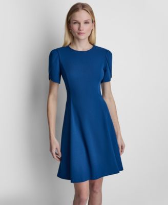 short flared dresses with sleeves INSPIRE CHIC Women's A Line Work Dress Short Sleeve Crew Neck Ruffle Flare  Dresses with Belted S Light Blue
