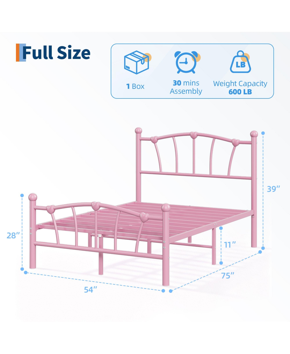 Homfan Heart-Shaped Metal Platform Bed Frame with Headboard and Footboard, Quiet Slat Support