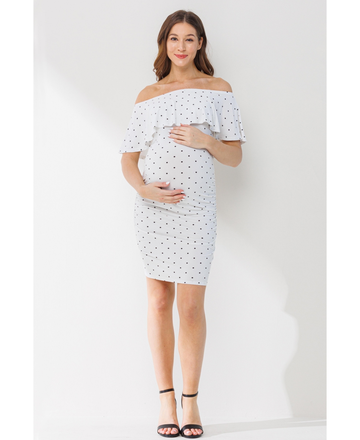 Hello Miz Maternity Polka Dot Off-The-Shoulder Ruffle Bodycon Dress