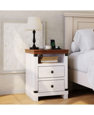 Farmhouse Nightstand with Charging Station, Rustic Bedside Table with 2 Drawers and Open Shelf, USB Ports and AC Outlets for Bedroom