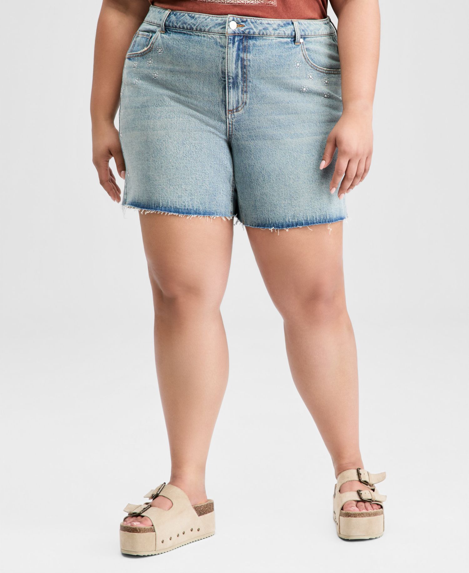 Plus Studded Raw-Hem Jean Shorts