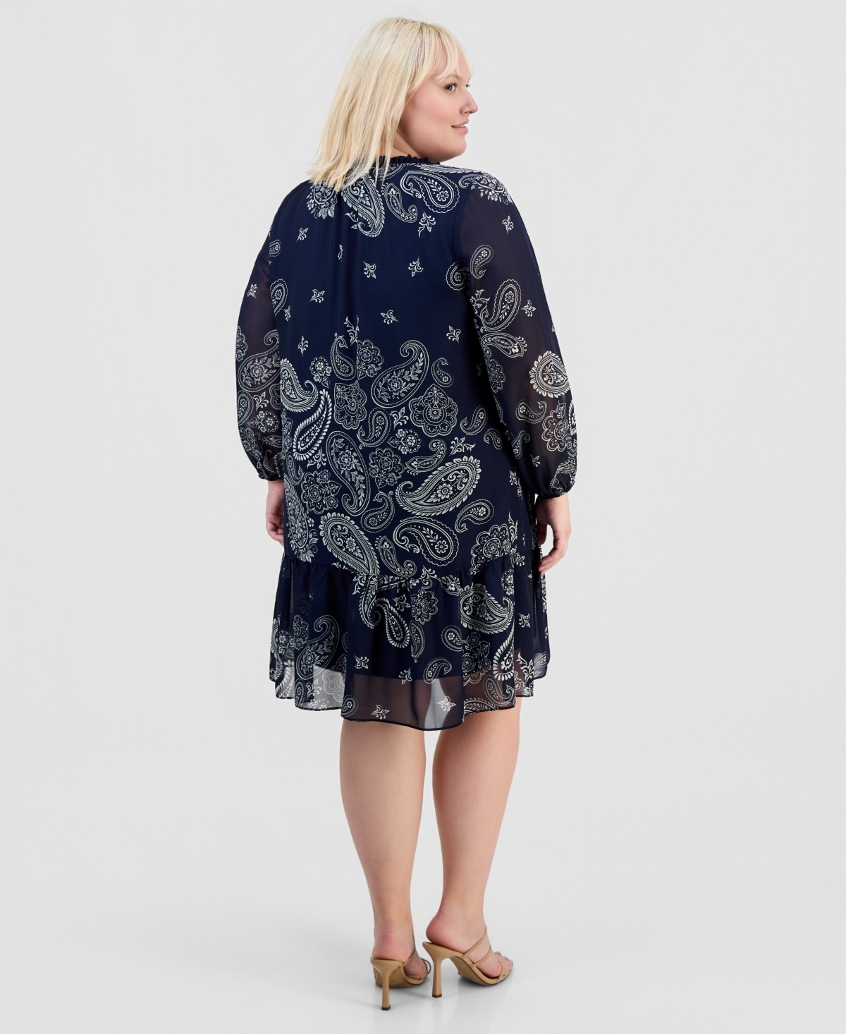 Robbie Bee Plus Printed Chiffon Tie-Neck Tiered Dress