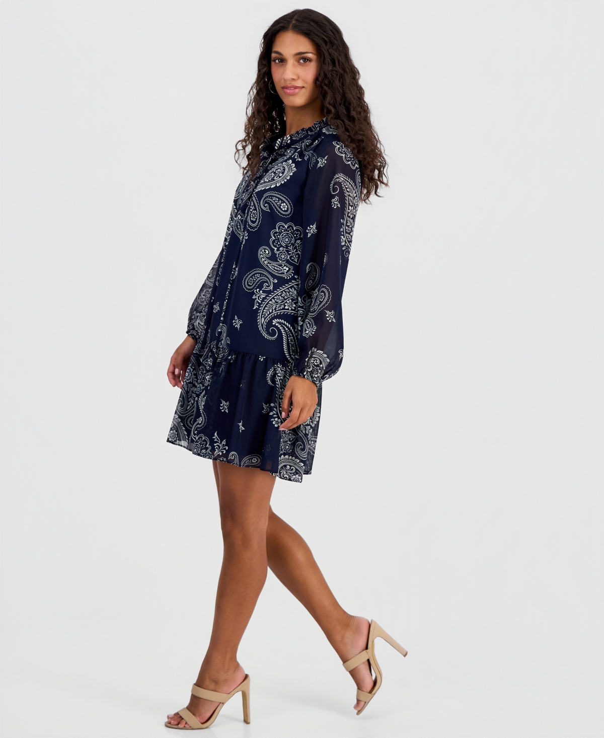 Robbie Bee Petite Printed Chiffon Tie-Neck Tiered Dress