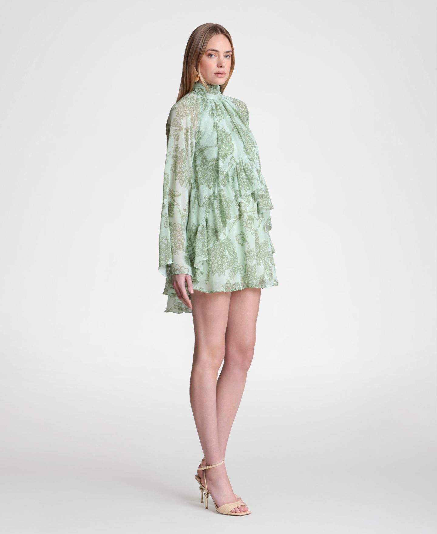 Женское платье Avec Les Filles Mock Neck Tiered Ruffle Mini, цвет: Оливковый — фото 4