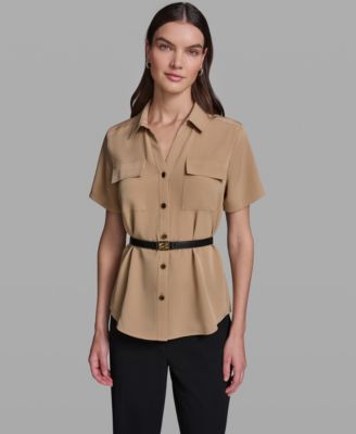 Women's Short-Sleeve Belted Woven Top