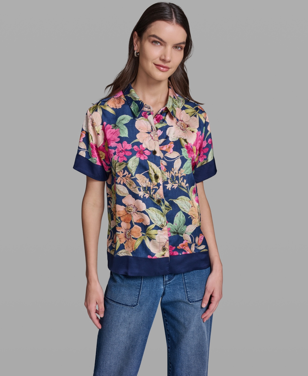 Karl Lagerfeld Paris Women's Short-Sleeve Printed Camp Shirt